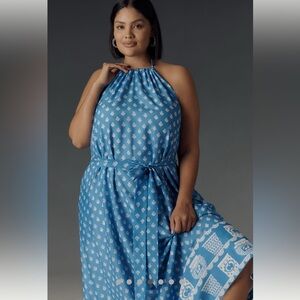 Anthropologie Blue Halter Maxi Dress with Tie Waist-NWT-3x
